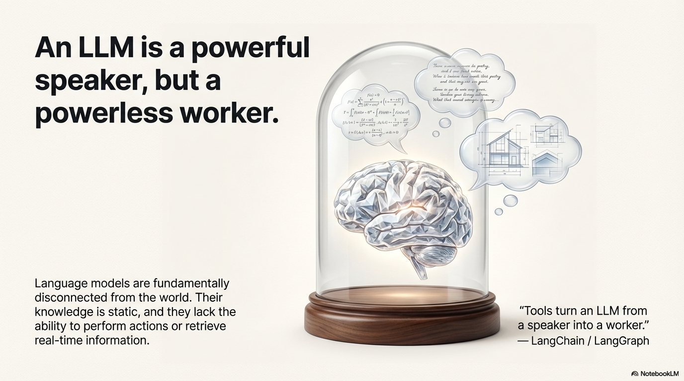 An LLM is a powerful speaker, but a powerless worker. Tools turn an LLM from a speaker into a worker.